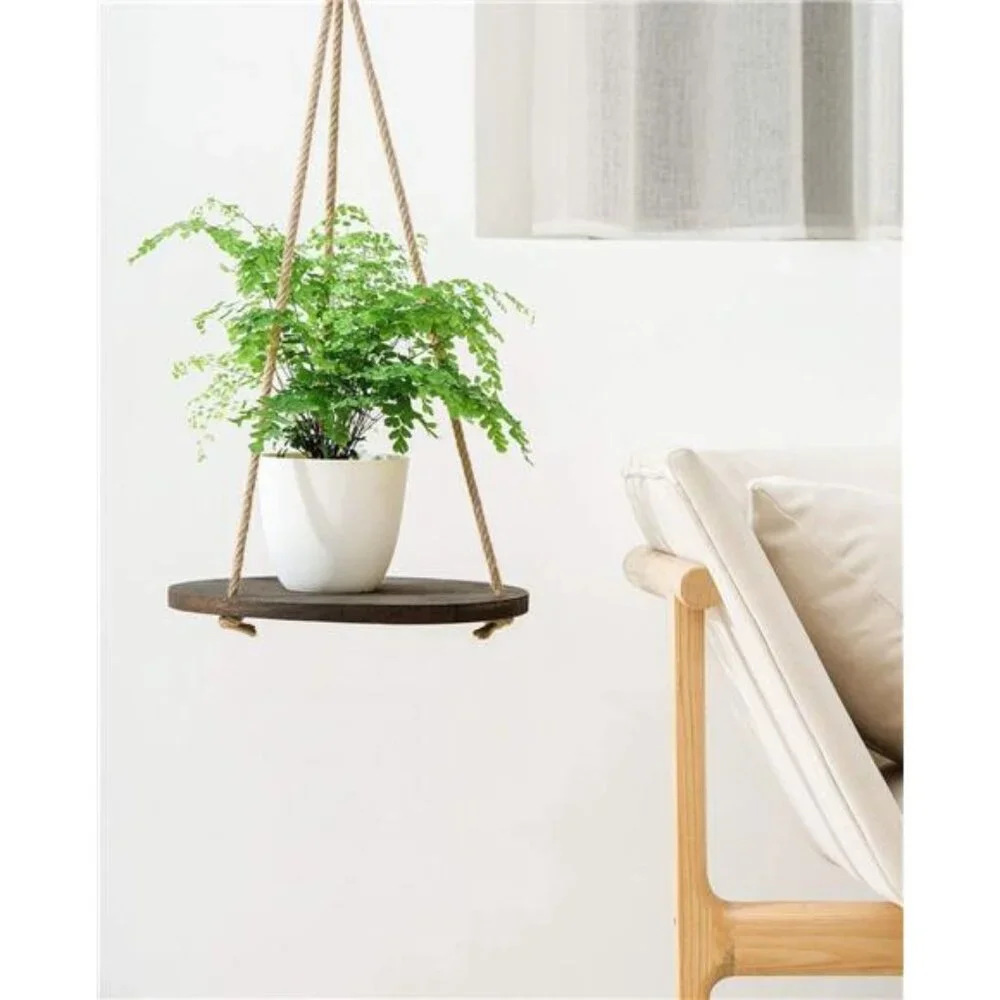 Hanging Plant Shelf Round Wood Rope Hanging Floating Shelf Vintage Home Decor